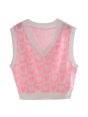 SweatyRocks Girl's Heart Print Sweater Vest V Neck Sleeveless Pullover Knitwear Tops