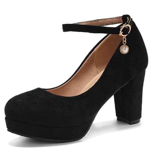 Women's Platform Dress Chunky High Heels Classic Closed Round Toe Pearls Ankle Strap Pumps Office Work Wedding Party Shoes-Plus Size-14 Yards