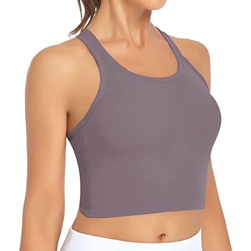 Longline Sports Bras for Women Padded Crop Tank Tops with Built in Bra Racerback Workout Bra Yoga Cropped Tanks (#3 Tank (Grey),Small)