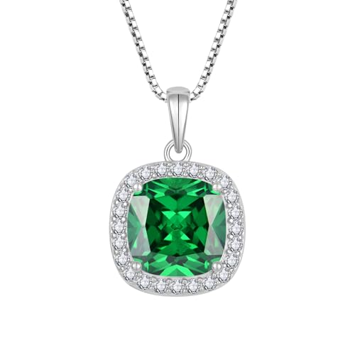 Birthstone Necklace for Women 925 Sterling Silver Princess Cut Halo Necklace Pendant Jewelry Gifts for Her