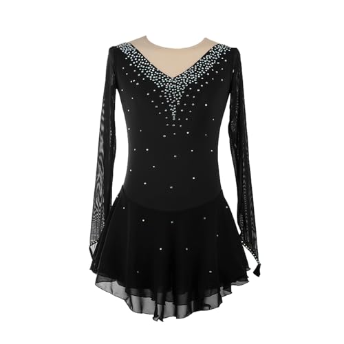 XIUWOUG Vestido de Patinaje Artístico para Niñas Ropa de Competición, Manga Larga, Maillot de Gimnasia, Ballet, Trajes de Patinaje sobre Ruedas,Negro,M