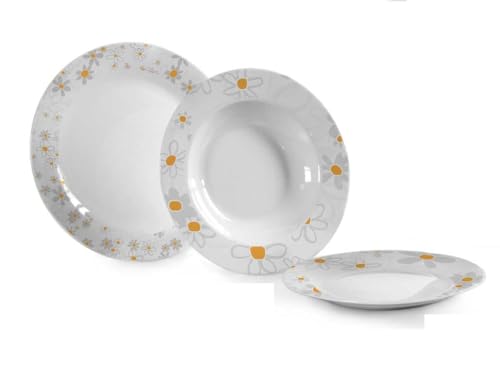 Servicio de platos de porcelana de 18 piezas, decoración floral, para 6 personas, 6 hondos, 6 pisos y 6 frutas/postre