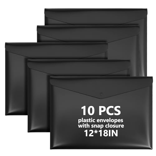 AmazingSpark 10 pack 11 * 17 in File Folder Tabloid Sized Black Plastic Poly Envelopes with Snap Closure Oversized Portfolio Binder Important Document Organizer Storage for School Work Office Home