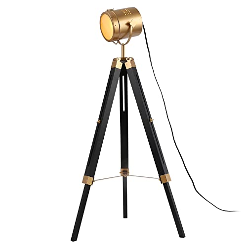 Image of Vintage Adjustable Wood Tripod Floor Lamp for Living Room, Spotlight Gold