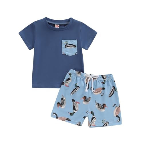 Image of Rtnnsbbfcm Toddler Baby Boy Hunting Outfit Mallard Duck Print Short Sleeve Pocket T-shirt Top Shorts Set Summer Clothes