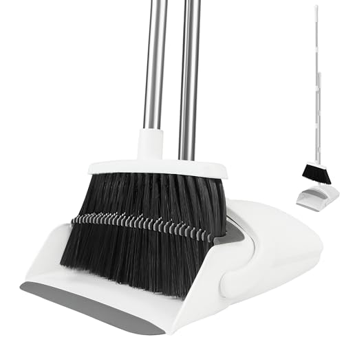 Image of Broom and Dustpan Set, 52 inch Adjustable Handle Broom, White | Dustpan Self-Cleaning Teeth for Hair, 52 inch Long Handle Standing dustpan,Suitable for Home Kitchen Office Hall Floor