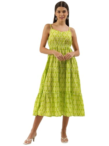 Image of FABRIC FITOOR Women Cotton Lime Green Color Geometric Print Fit & Flared Dress with Shoulder Straps