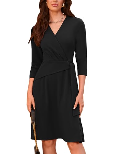 GRACE KARIN Damen Midikleider Dreiviertelärmel Wickel V-Ausschnitt Strick Slim Fit Kleider Schwarz L