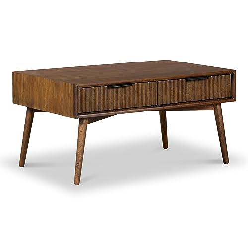 Oskar 2 Drawer Grooved Coffee Table for Living Room | Roseland Furniture Contemporary Retro Walnut Stained Solid Wooden Fluted Acacia Rectangular Centre Storage Table