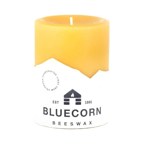Bluecorn Beeswax Pillar Candle 100% Pure Natural Bees Wax Hand Poured 3x4 Candle Clean Burning & Dripless Long Lasting (60 Hrs) Paraffin Soy & Fragrance Free Home Decor American Made 1 Count