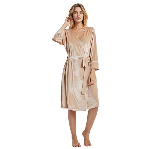 HEARTNICE Women Velvet Robes, Soft Fuzzy Kimono Bathrobe for Women Bridal Wedding Sleepwear with Pockets (Champagne, M)
