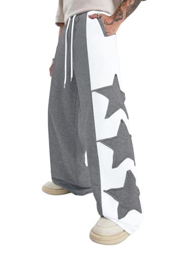 ZAFUL Men's Casual Straight Sweatpants Color Block Stars Pattern Joggers Long Wide Leg Baggy Sweat Pants Dark Grey XXL