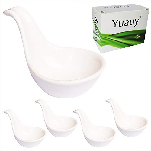 Yuauy 4 pcs Spoon Shaped Porcelain Soy Sauce Dish Ceramic Dip Dipping Bowls White for Dinner Baking BBQ and Cooking