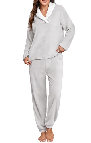 PrinStory Womens Pajamas Winter Soft Fluffy Pajama Set Fuzzy Warm Pjs Flannel 2 Piece Plush Sleepwear Lounge Sets2