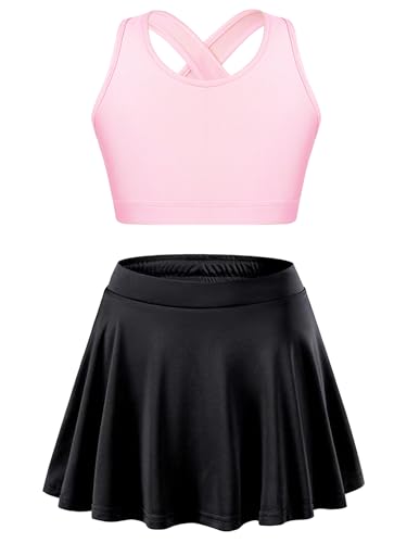 Kids Girls Plain Crop Top & Skater Skirt Set Tennis Golf Outfit 2 Piece Sport Training Tacksuit Set Activewear Pink&Black 4 Years