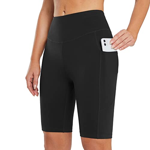 BALEAF Women's 10" Running Sports Shorts Knee Length Gym Leggings High Waisted Yoga Shorts with Pockets Black M