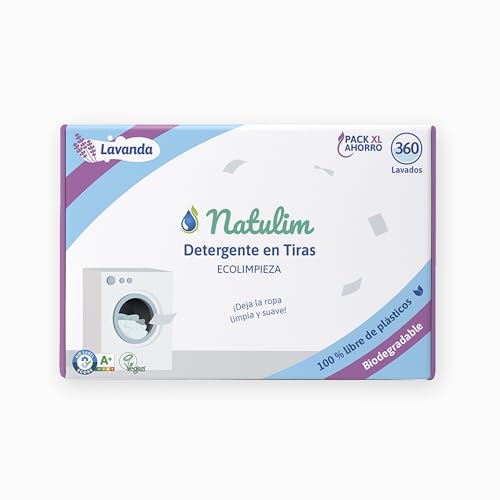 Natulim - Detergente en Tiras para Lavadora (360 Lavados) - Incluye efecto Suavizante, Ecológico, Hipoalergénico, Zero Waste, Made in Spain - Ropa limpia y suave sin ensuciar el Planeta (Lavanda)