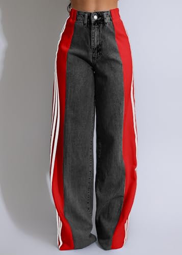 Nihsatin Women's Two Tone Jeans Wide Leg High Waisted Stretchy Buttoned Denim Pants4