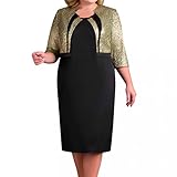 LOPILY Spitzenkleid Damen Große Größen Elegant Abendkleid für Mollige mit Blumendruck Zweilagig Cocktailkleider Kleid Brautmutter Übergröße Edel Midikleid Plus Size Frauenkleid, X7-gold, L