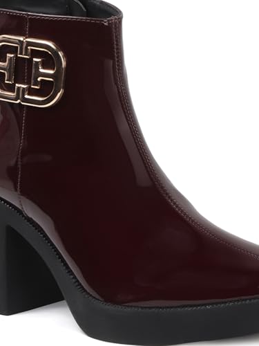 Image of ELLE Women's Glossy Platform Ankle Bootie Chunky Heel with Gold-Tone Emblem