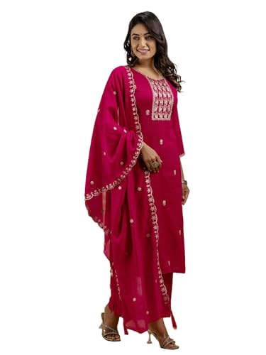 Image of VredeVogel Women's Silk Blend Embroidered Kurta with Pant & Dupatta Set | Modern & Traditional Blend Ethnic Wear | Festive & Casual Outfit