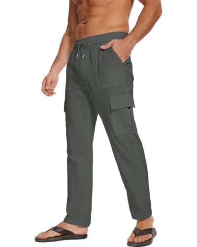 LVCBL Leinenhose Herren Lässige Sommer Strandhose mit Kordelzug Dunkelgrau...