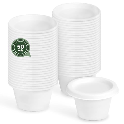 MAXI PRODUCTS - 50 Salseras Caña de Azúcar con Tapa - 120 ml - Tarrinas Blancas Cierre Seguro - Recipientes de Caña de Azúcar Compostables para Salsas - Envases con Tapa - APTO MICROONDAS