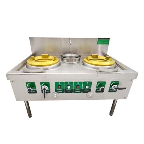 Yokoma Commercial Stove Chinese Gas Wok Range Burner 85300 BTU Heavy-duty Stainless Steel Cooker Liquefied & Natural Gas Compatible Double Stove with Water Basin for Chinese Cooking 110V