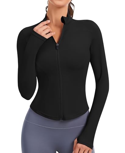 JoyGirl Sportjacke Damen Laufjacke Trainingsjacke Zip Up Slim Fit Sportlich Yoga Sportjacke Cropped Tops mit Daumenlöchern(Schwarz, XL)