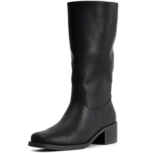Women's Square Toe Boots Comfortable Chunky Block Heel Casual Boots Mid Calf Riding Boots