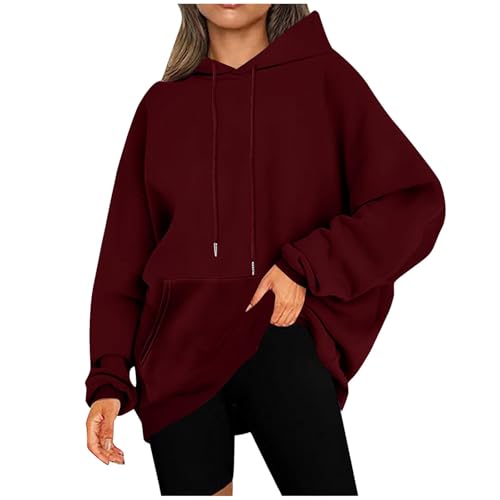 KOG Hoodie Damen Baumwolle Kapuzenpullover Einfarbige Sweatshirt mit Kapuze Warm Pullover Teenager Mädchen Freizeit Hoodies Elegant Warme Locker Oberteil Wein L
