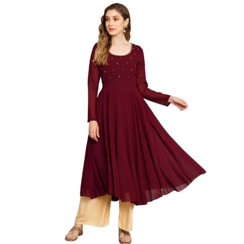 Image of PH POSHAKHUB Georgette Regular Fit Hand Embroidery Anarkali Kurta Set for Women, Yoke Anarkali Kurta for Woman, Ankle Length Anarkali Suit for Women, Full Sleeve Kurti, Dress for Woman