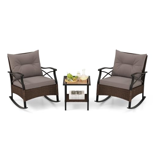 Image of Tangkula 3 Pieces Outdoor Rocking Chairs Set, Rattan Heavy Duty Cushioned Rocker Chairs with 2-Tier Tempered Glass Coffee Table, for Garden, Balcony, Backyard | Heavy Duty Cushioned Rattan Patio Rocker Bistro Set, 2-Tier Side Table w / Acacia Wood Tabletop, for Porch
