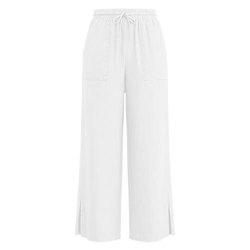 Image of Girls Linen Pants Wide Leg School Uniform Pants Cozy Elastic Waist Summer Casual Beach Lounge Trousers with Pockets