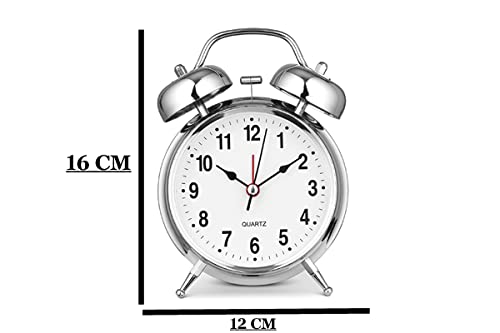 Entraxa Products Analog Twin Bell Extra Loud Quartz Battery Operated with Backlight, Silent Non-Ticking for Bedside Desk Old School Metal Alarm Clock (Silver) 4