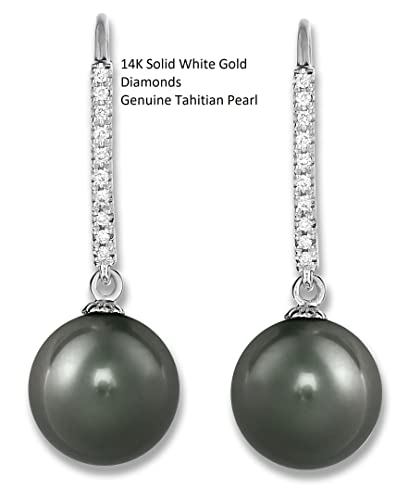 14K White Gold Genuine Tahitian Pearl 10mm and Diamonds Dangle Earrings3