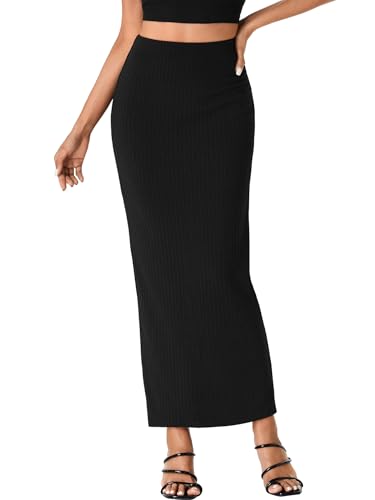 Rooscier Women's Bodycon Ribbed Knit Skirt Pencil Skirt Split Back Elastic High Waisted Maxi Long Skirt