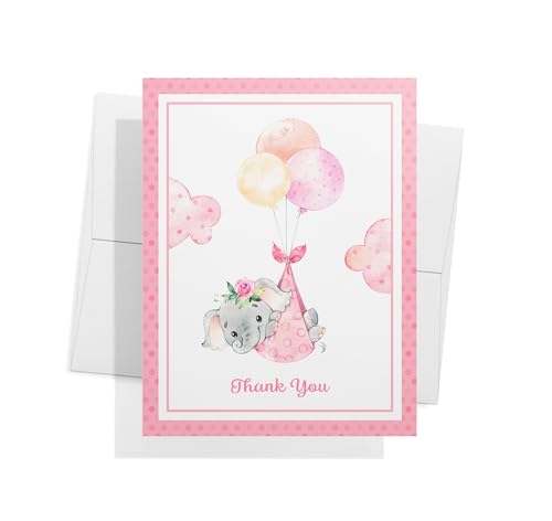 Image of Twigs Paper Baby Girl Shower Thank You Cards, 12 Pink Elephant Note Cards