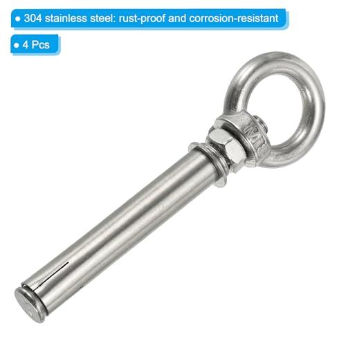 Image of PATIKIL Expansion Eye Bolt M8x90mm, 4 Pack 304 Stainless Steel Shoulder Anchors Eyebolt Screw with Eye Ring for Concrete Brick Wall Canopy Engineering Rigging Silver