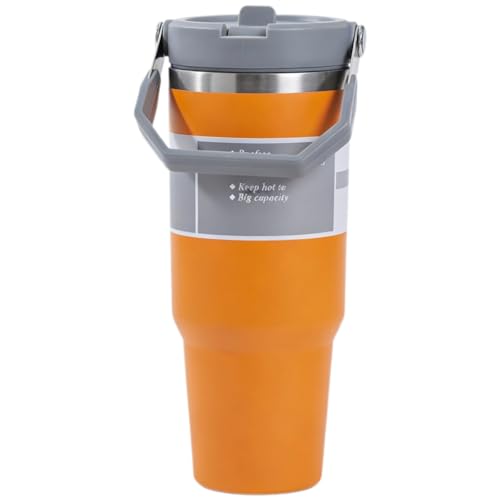 Image of HXOOXH Metal Insulated Sports Water Bottle with Straw,Stainless Steel Travel Mugs for Hot Drinks Iced Coffee 30oz (890ml) Orange