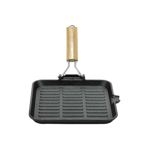 PraTiKo Life Bistecchiera in Ghisa Manico in Legno Pieghevole, Antiaderente, Induzione, Gas e Elettrico, Cottura tipo Brace (24x24 cm Manico Pieghevole)