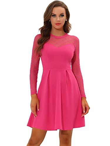 Allegra K Party Dress for Women's Heart Mesh Sheer Sleeve Crew Neck Skater Short Dress X-Small Hot Pink
