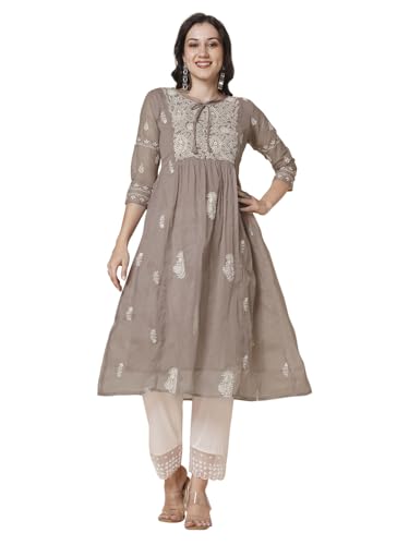 Image of RATAN Women's Muga Cotton Flared Lucknowi Chikankari Ethnic Wear Kurta