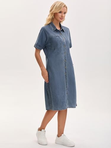 Image of Women's Midi Denim Dress Summer Short Sleeve Button Down Casual Loose Long Tunic Jean Shirt Dress