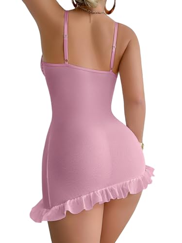 Image of Foxiny Sexy Corset Bodycon Ruffle Sheer Underwire Mesh Lace Floral Outfits Babydoll Lingerie Set Dress with Thong 2 Piece