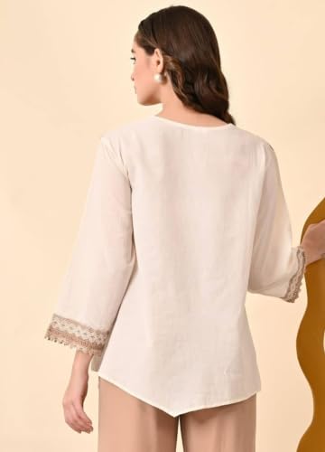 Image of Women's Cotton V Neck 3 /4 Sleeves Embroidered Tunic Short Kurta for Casual Wear Combo
