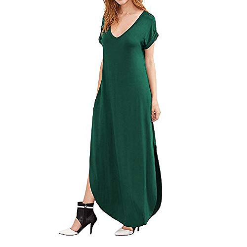 Image of Match Women's V-Neck Casual Loose Short Sleeve Long T-Shirt Dress Split Maxi Dress with Side Pocket