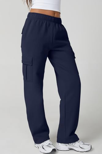 Image of QINSEN Baggy Medium Waist Elastic Sweatpants for Womens Casual Long Fleece Cargo Pants with Pockets