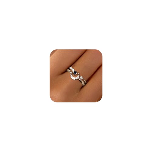 LOVECOM Star Moon Ring Set Stackable Rings for Women Couble 925 Sterling Silver Celestial Matching Adjustable Ring Cute 14k Gold Plated Blue CZ Moon Friendship Promise Ring Jewelry Gifts to Daughter