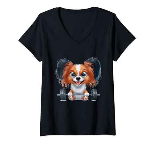 Damen I Love My Papillon Best Dog Lover Pfotenabdruck T-Shirt mit V-Ausschnitt